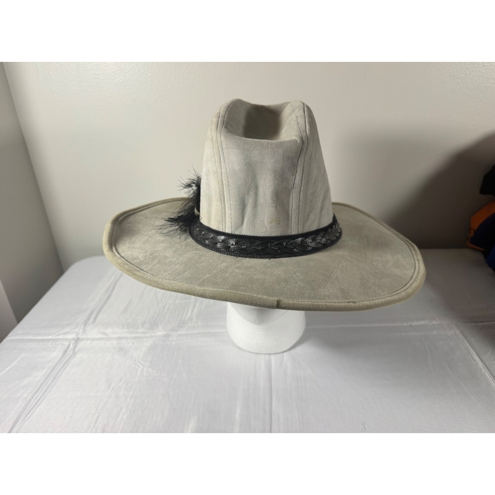 Vintage 70s/80s Rubens Grey Suede Cowboy Hat Feather Braided Leather Band Medium
